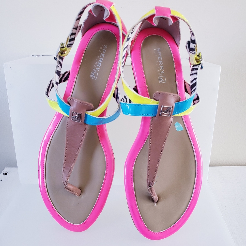 2/$45 Sperry Top Sider Womens 7M Leather T Strap Multicolor Thong Sandal